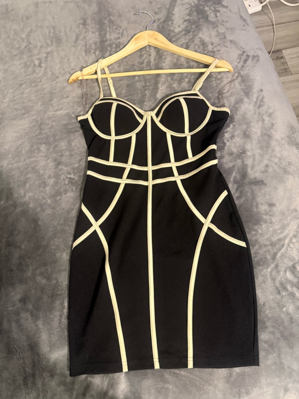 Black Mini Bodycon Dress with Cream Contrast Piping